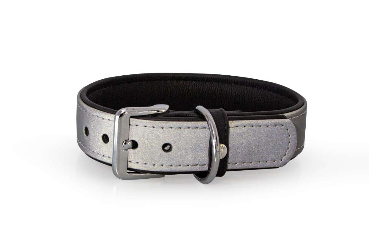 Das Lederband reflecterend halsband Oslo, Zilver / Zwart